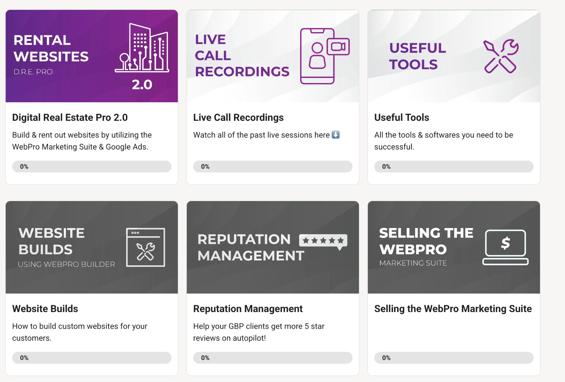 Video module library including Digital Real Estate Pro, live call recordings, tools, website builds, reputation management and selling modules