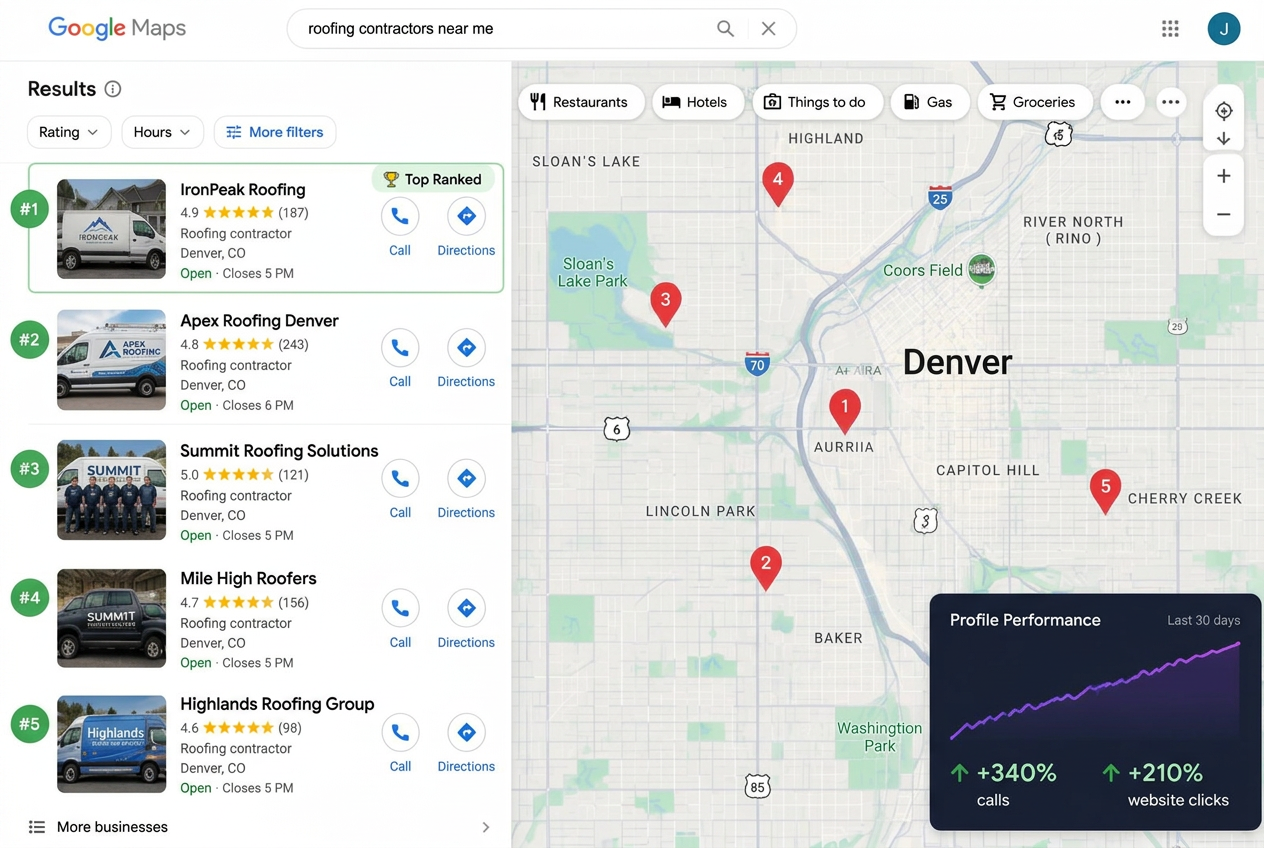 Desktop Google Maps showing ranked home service businesses and profile performance analytics
